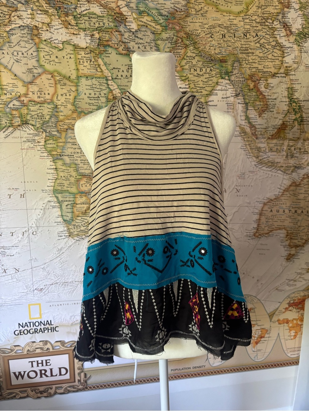 Women’s Sleeveless Striped & Embroidered Tank Top - Cream/Black/Teal we the free